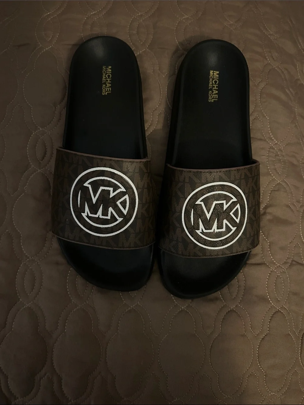 Michael Kors size 7 women’s Brown & Black MK Logo Slide Sandals